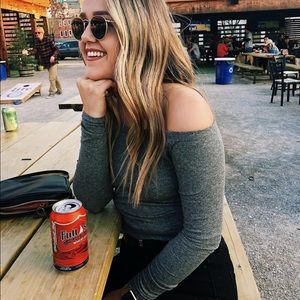 gray crop off the shoulder top